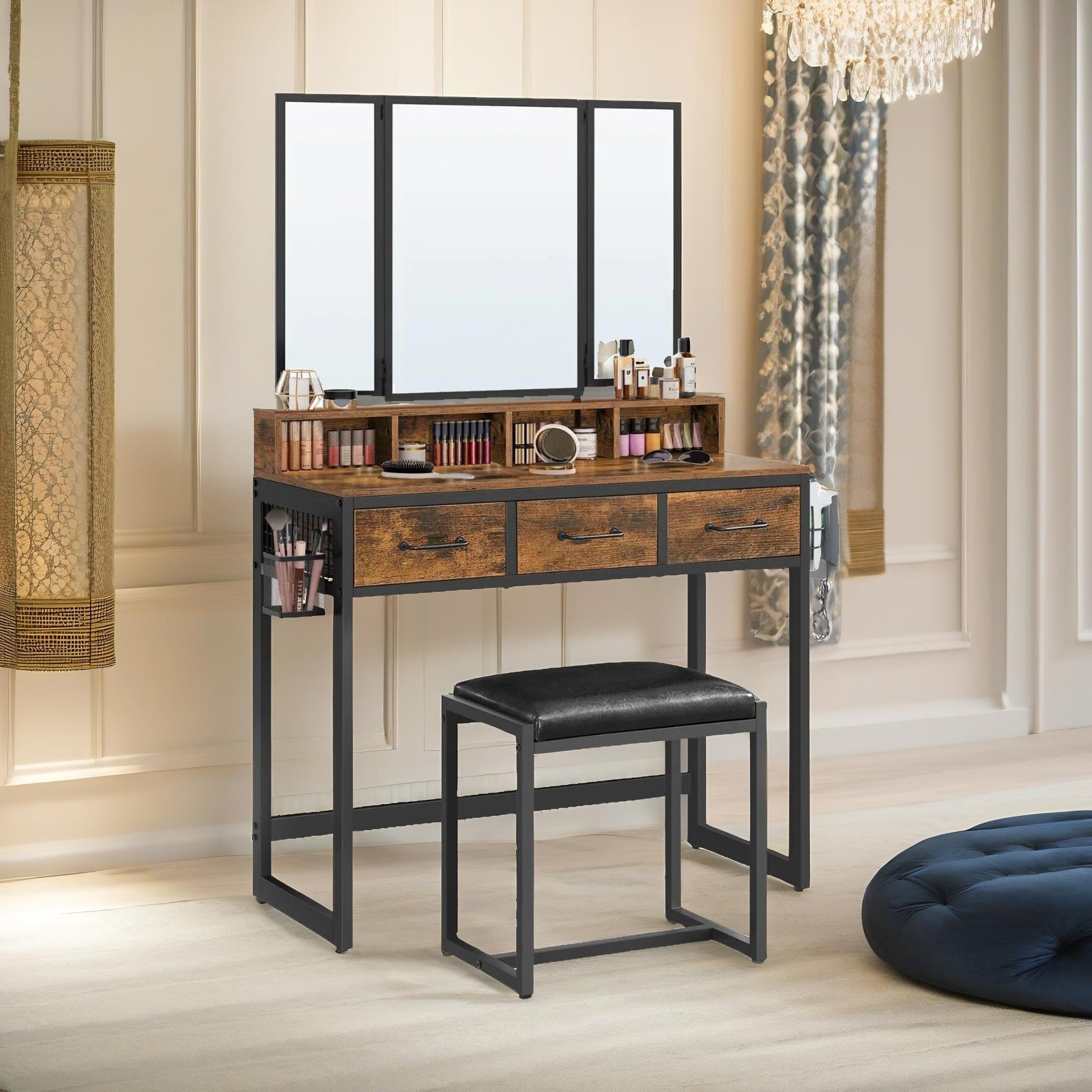 3-Drawer Dressing Table with Mirror and Stool Rustic Brown | Rafaelo Mobilia 3-Drawer Dressing Table with Mirror and Stool Rustic Brown | Rafaelo Mobilia