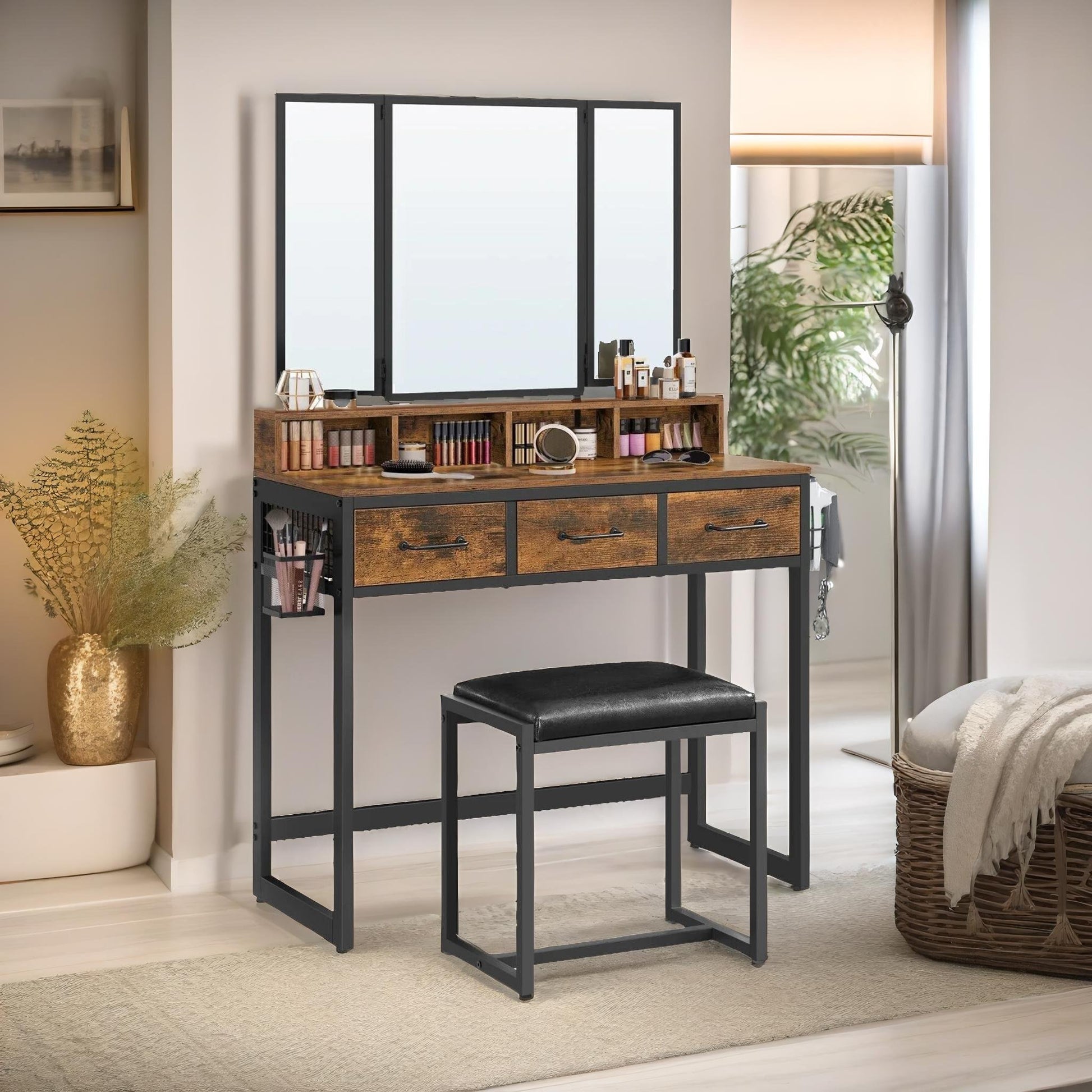 dressing table dressing 3-Drawer Dressing Table with Mirror and Stool – Rustic Brown
