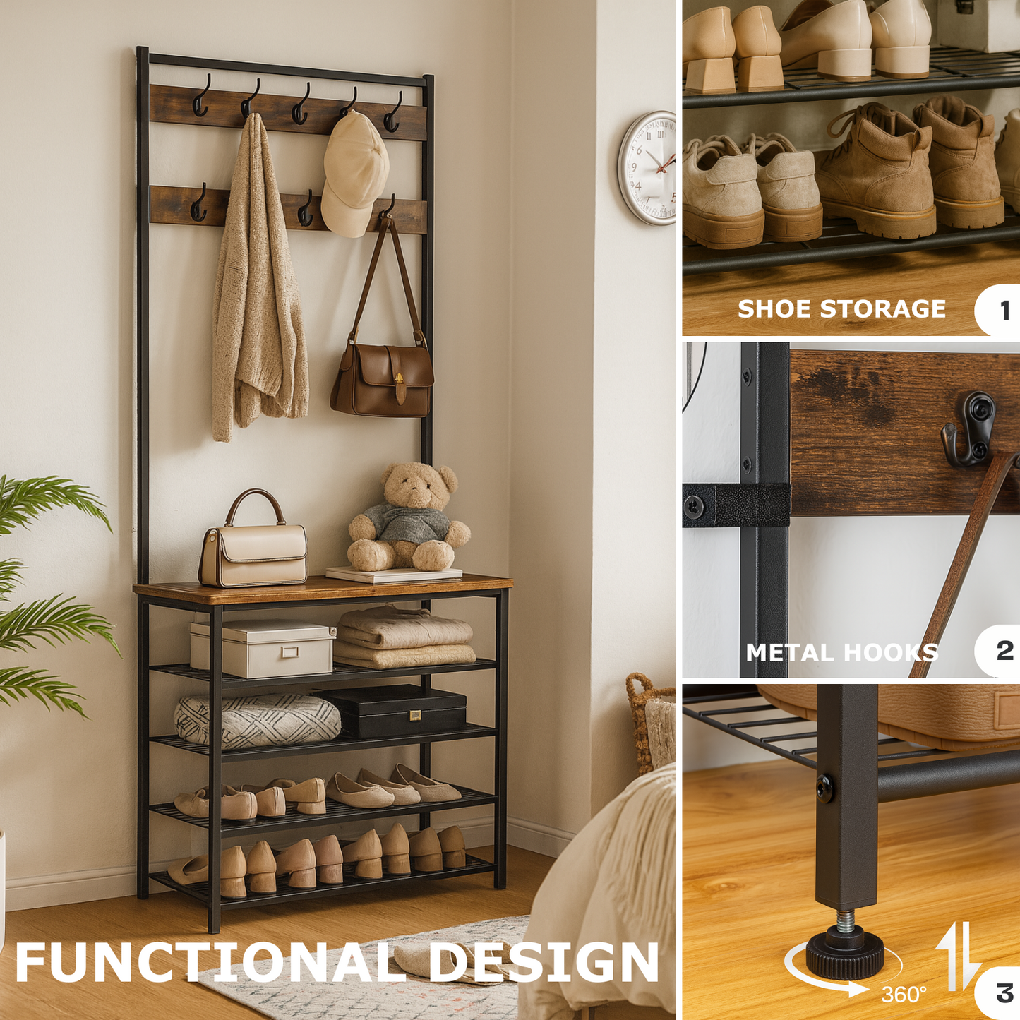 coat rack stand with 5 tier shoe bench