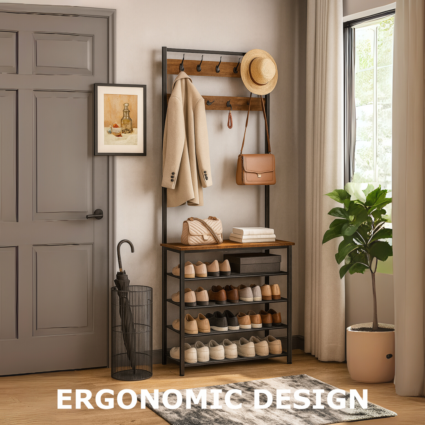 coat rack stand with 5 tier shoe bench