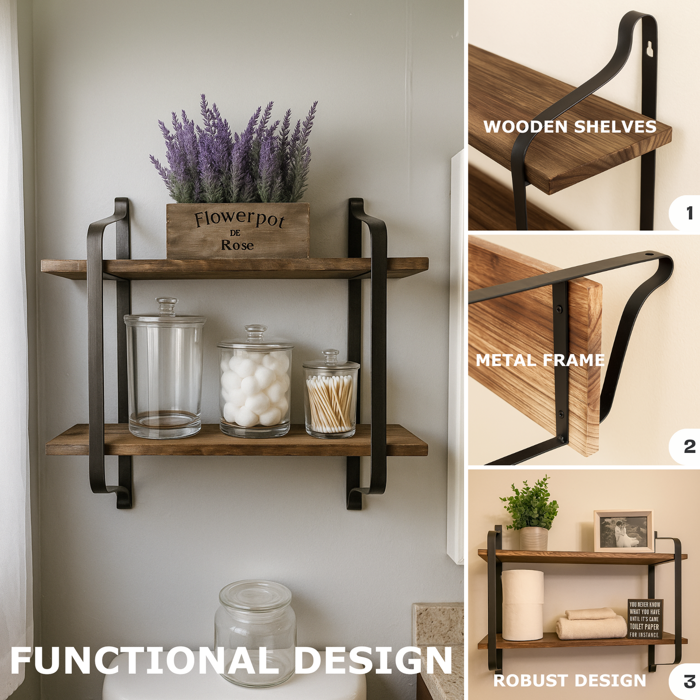 industrial 2 tier wooden floating shelf