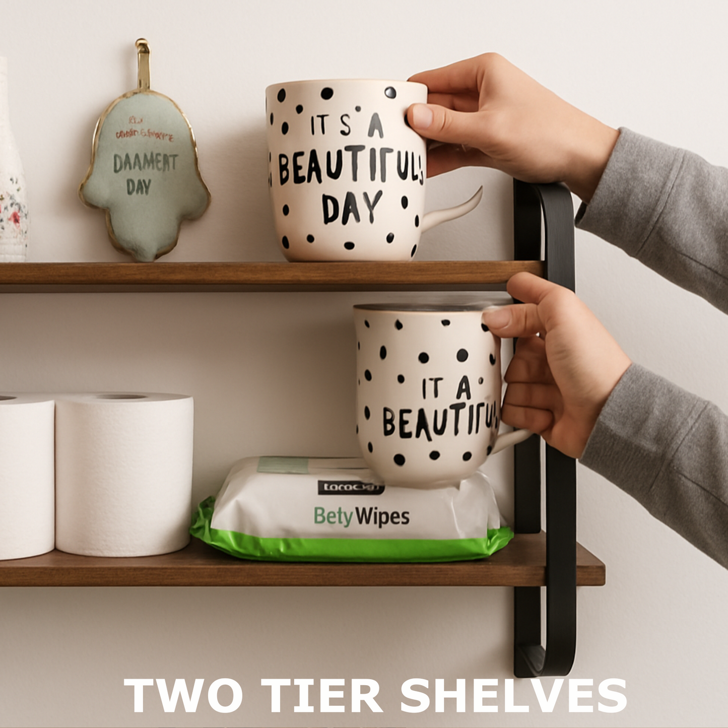 industrial 2 tier wooden floating shelf