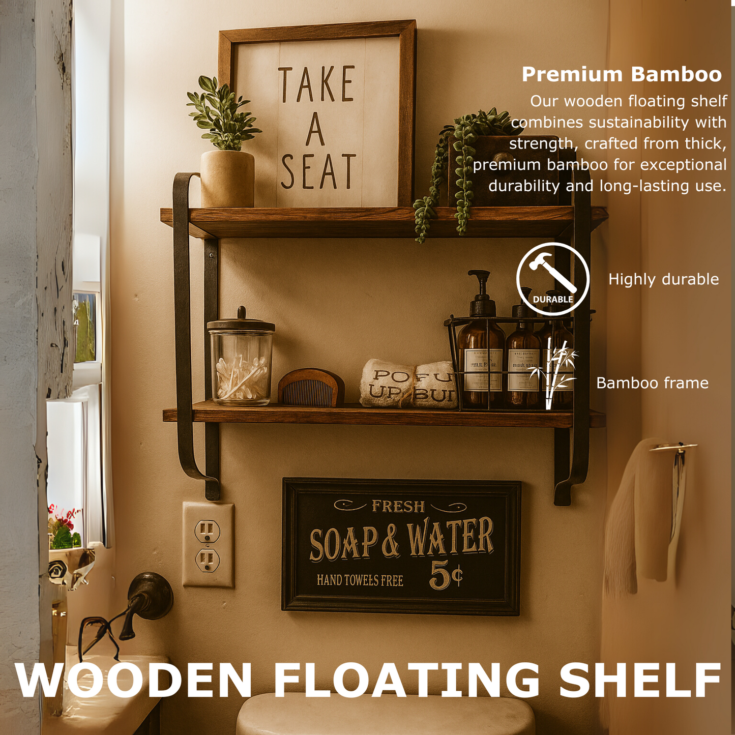 industrial 2 tier wooden floating shelf