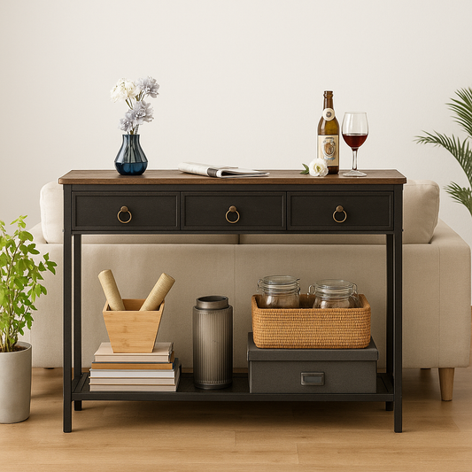 Slim Sofa Table with 3 Non-woven Drawers