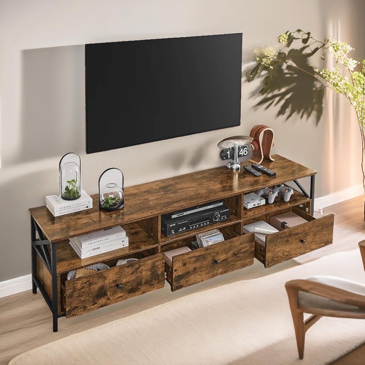 industrial tv stand unit with 3 drawers rustic brown