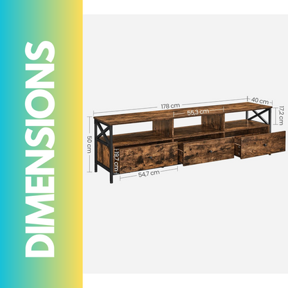 Industrial TV Stand Unit With 3 Drawers Rustic Brown