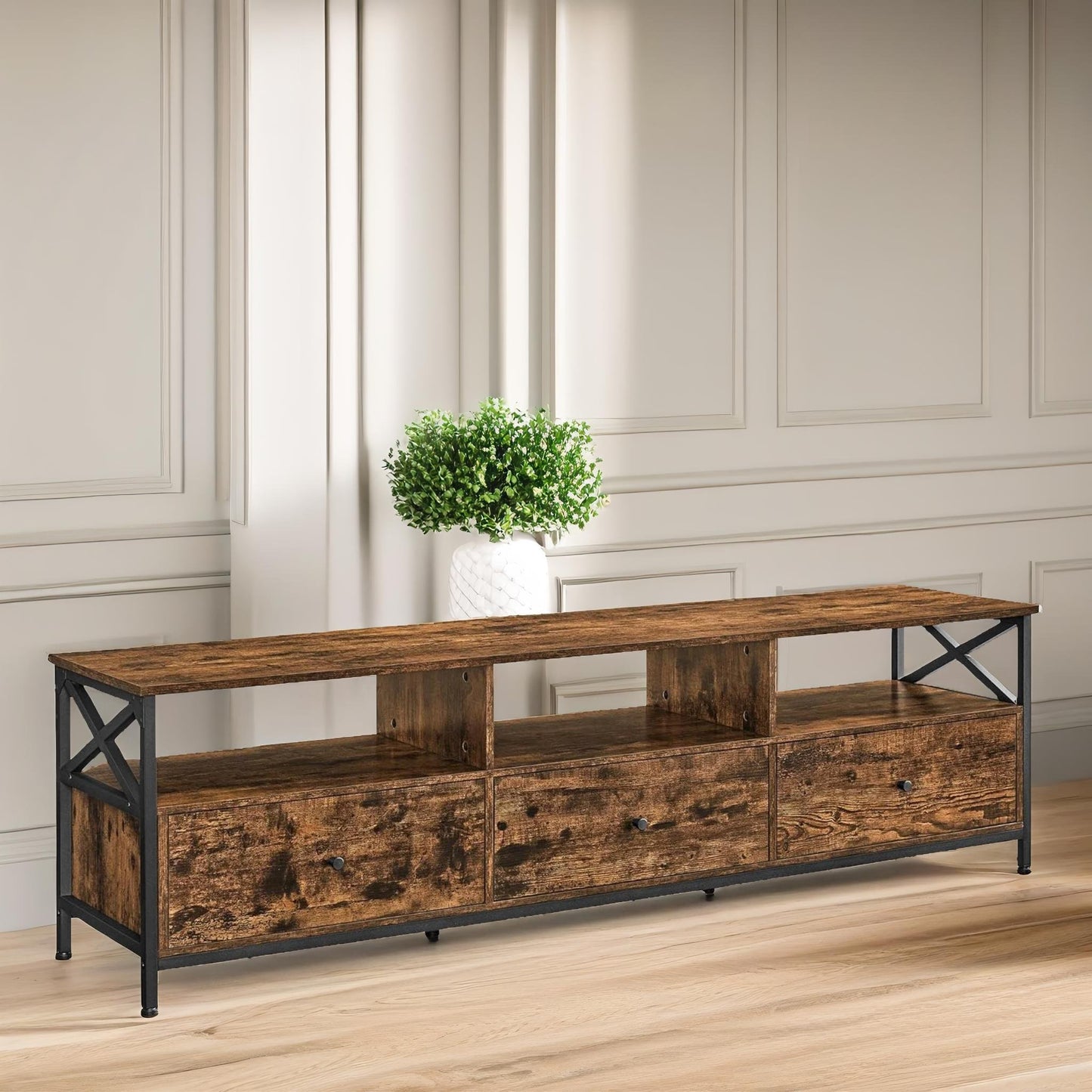 industrial tv stand unit with 3 drawers rustic brown