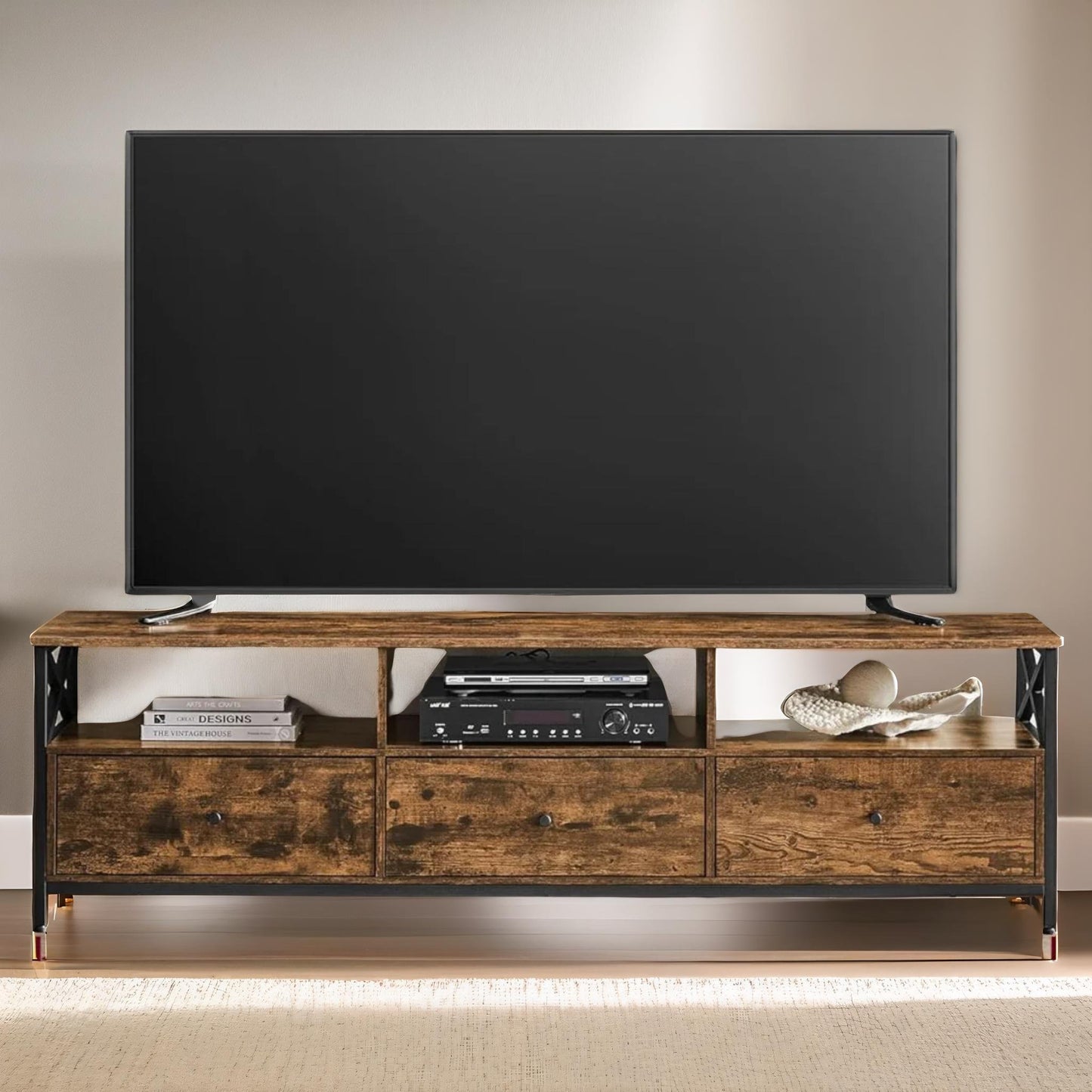 industrial tv stand unit with 3 drawers rustic brown