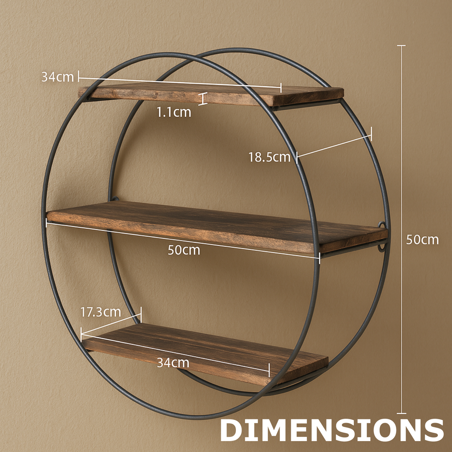 industrial wooden 3 tier round floating shelf