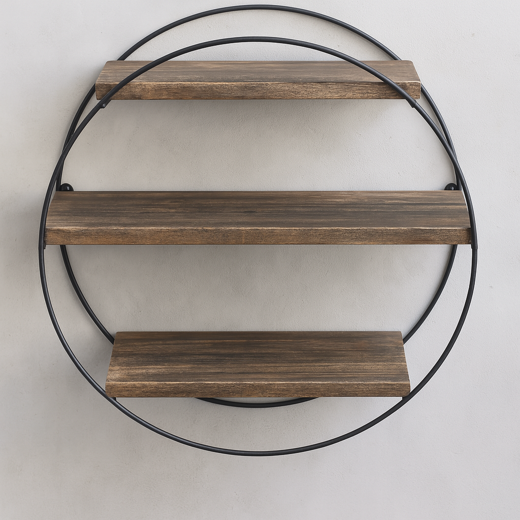 industrial wooden 3 tier round floating shelf