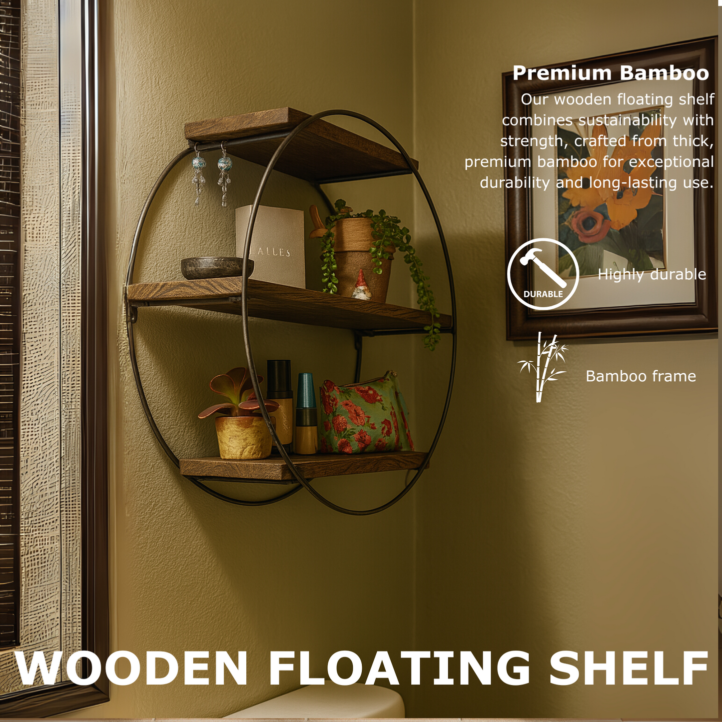 industrial wooden 3 tier round floating shelf
