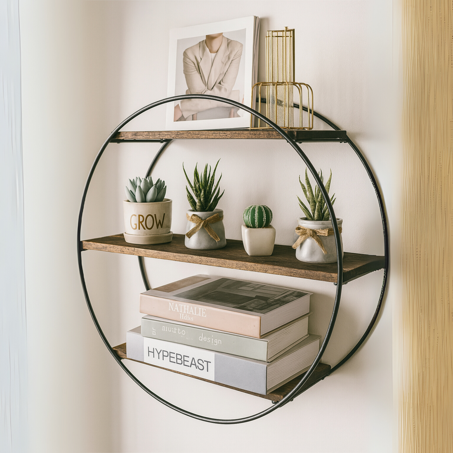 industrial wooden 3 tier round floating shelf