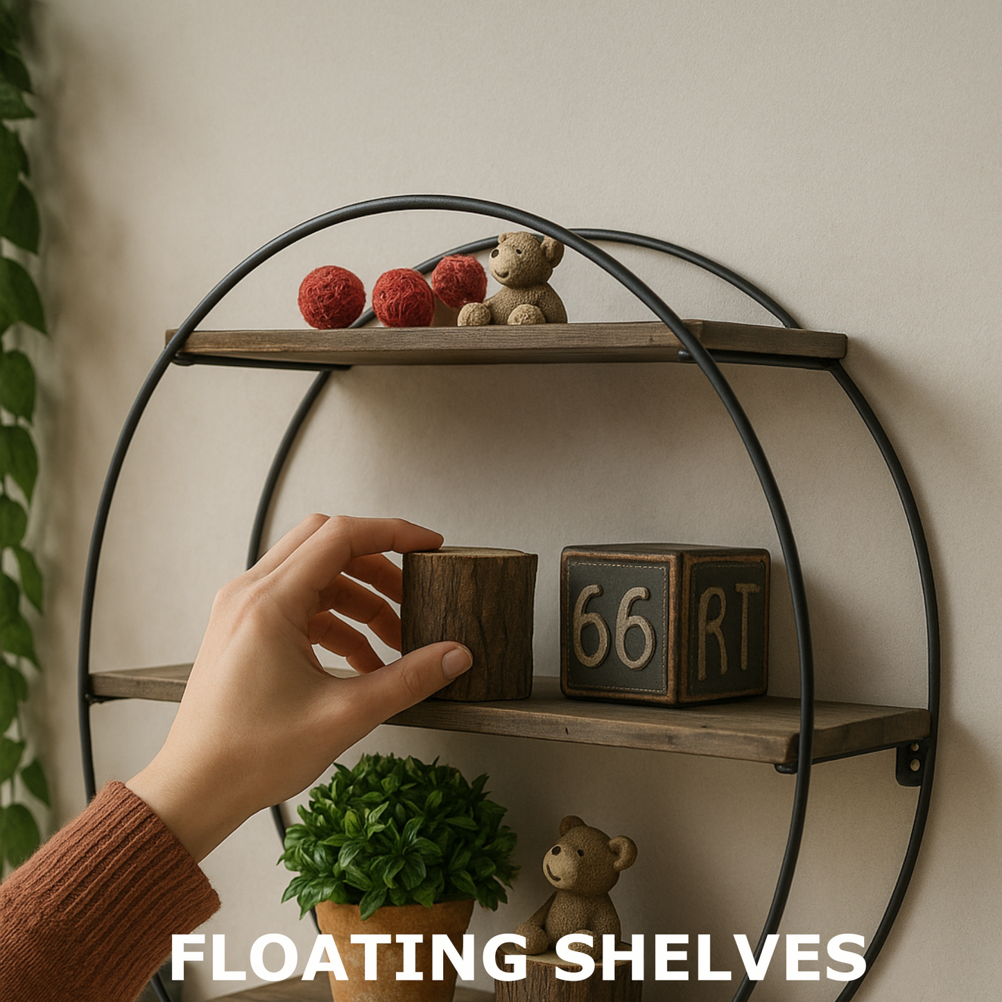 industrial wooden 3 tier round floating shelf