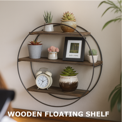 Industrial Wooden 3 Tier Round Floating Shelf