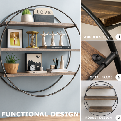 Industrial Wooden 3 Tier Round Floating Shelf