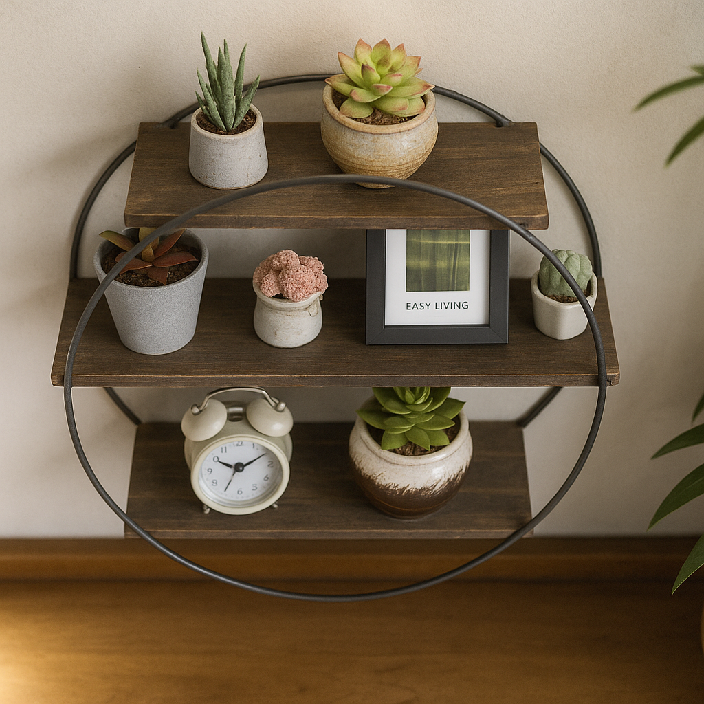 industrial wooden 3 tier round floating shelf