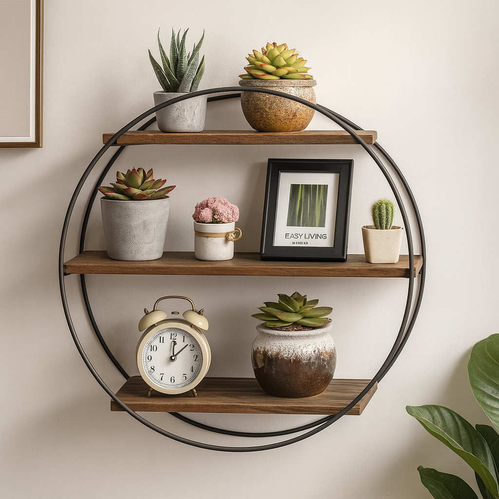 industrial wooden 3 tier round floating shelf
