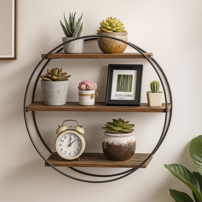 Industrial Wooden 3 Tier Round Floating Shelf