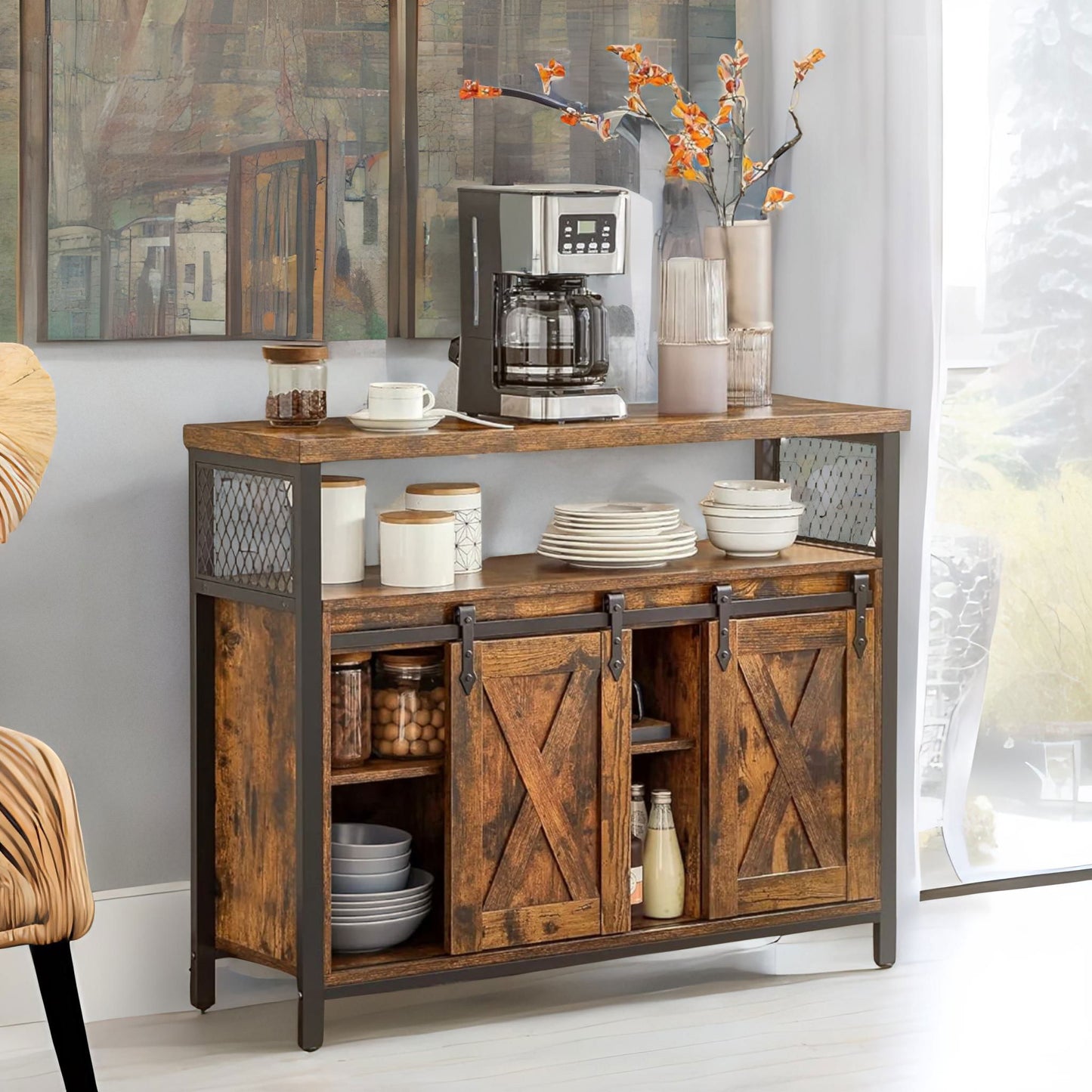 multipurpose kitchen sideboard cabinet with sliding barn doors rustic brown
