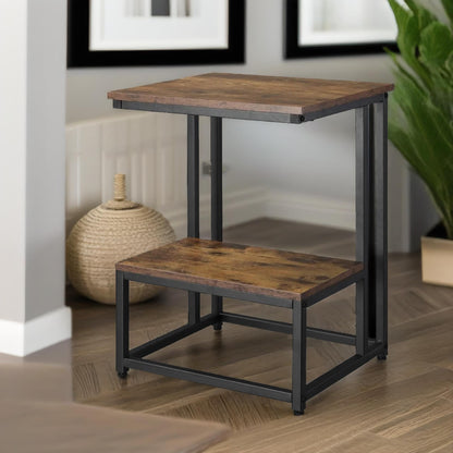 Industrial Double Tier C Shaped Side Table Rustic Brown