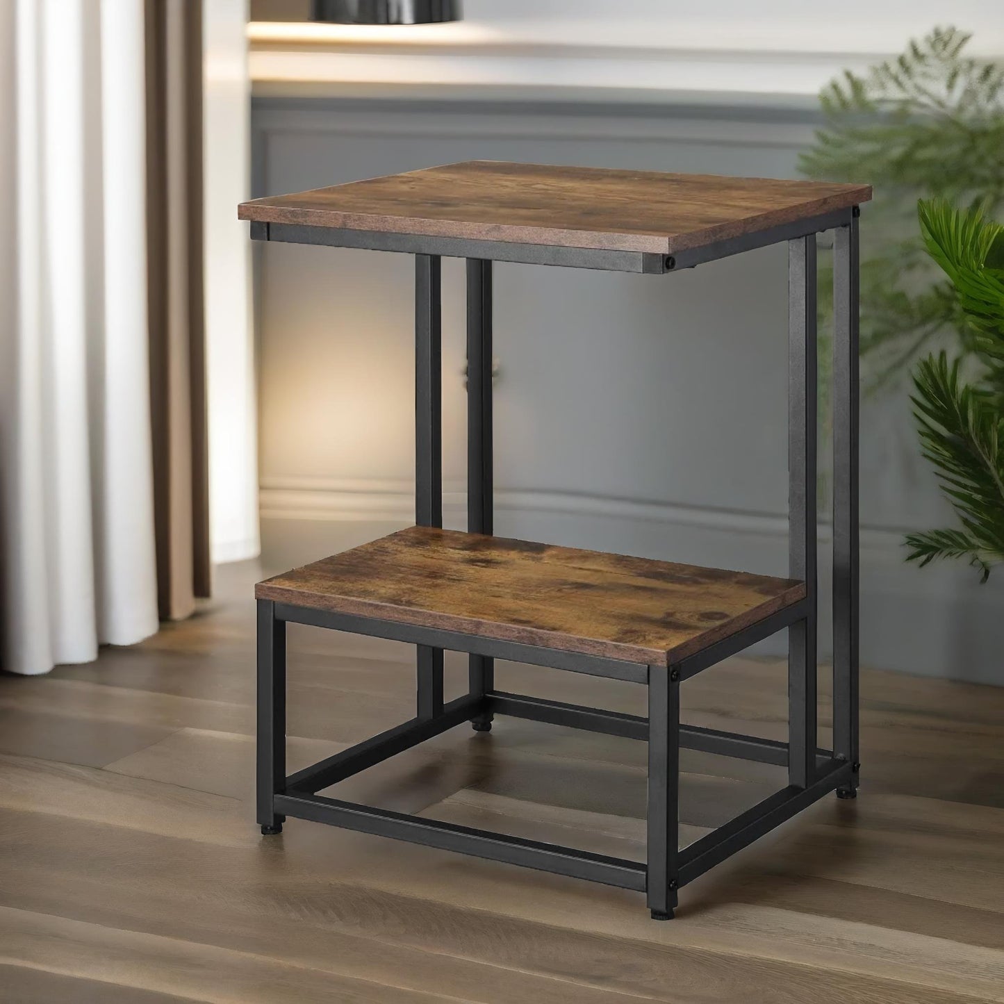 industrial double tier c shaped side table rustic brown