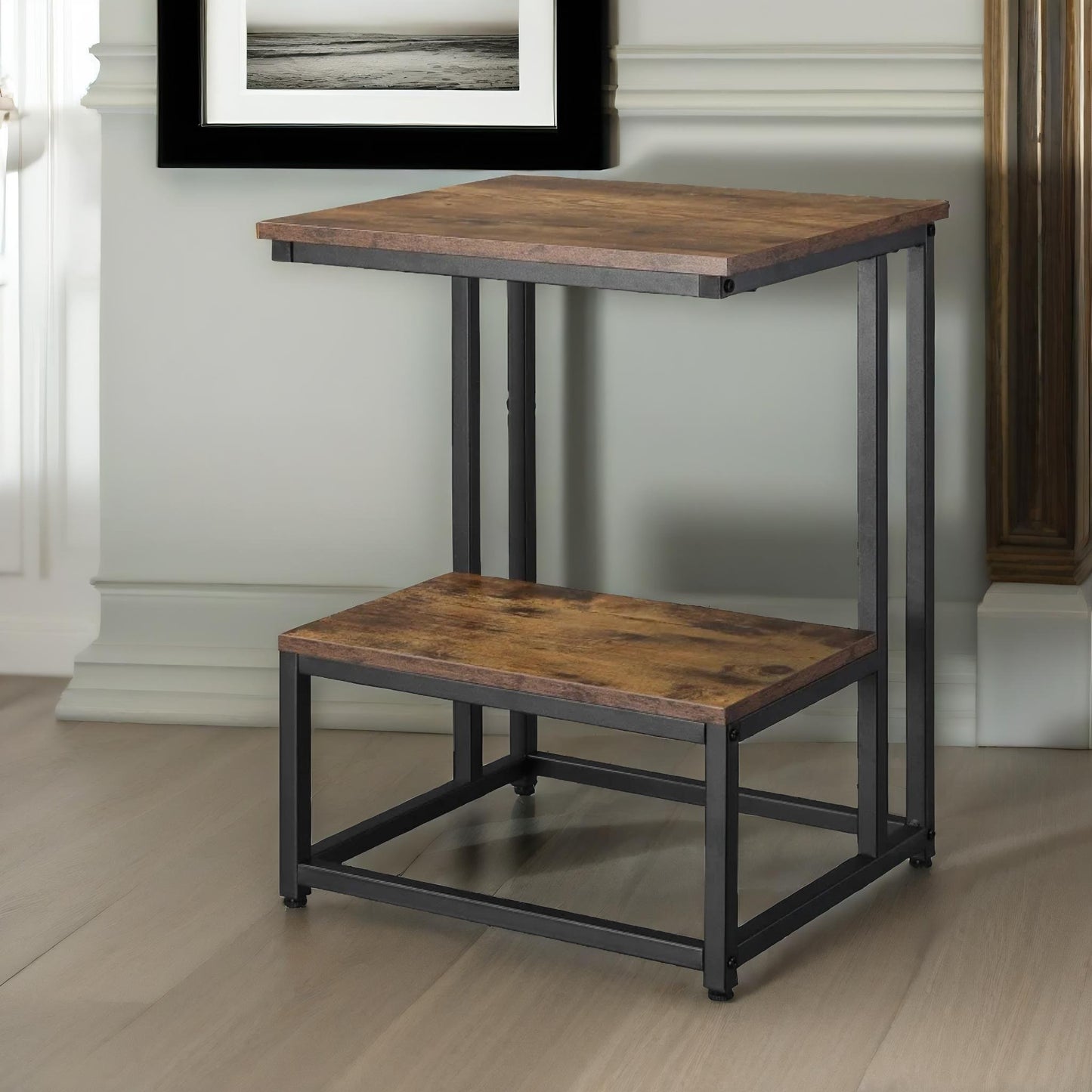 industrial double tier c shaped side table rustic brown