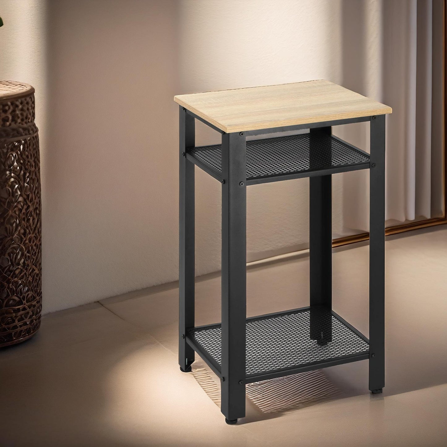 3 tier side table with mesh shelves