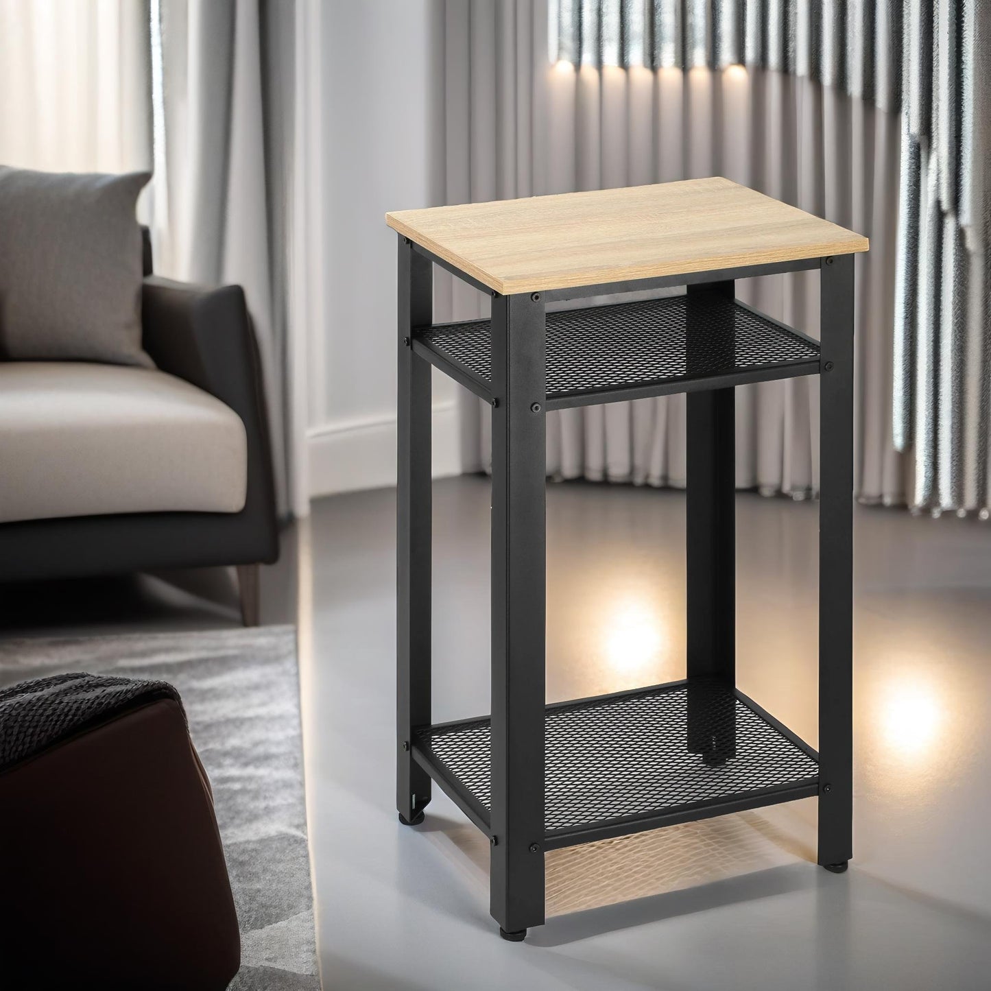 3 tier side table with mesh shelves