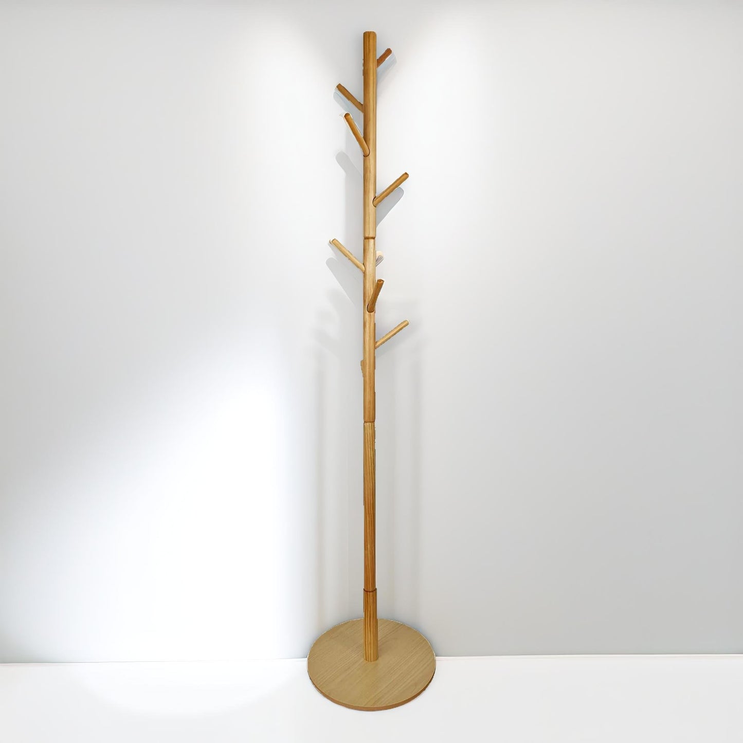 wooden coat stand with 8 hooks brown with round base