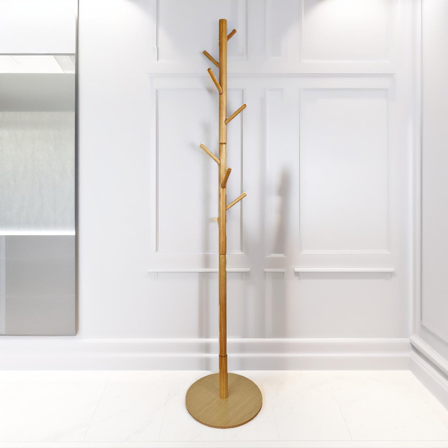 wooden coat stand with 8 hooks brown with round base