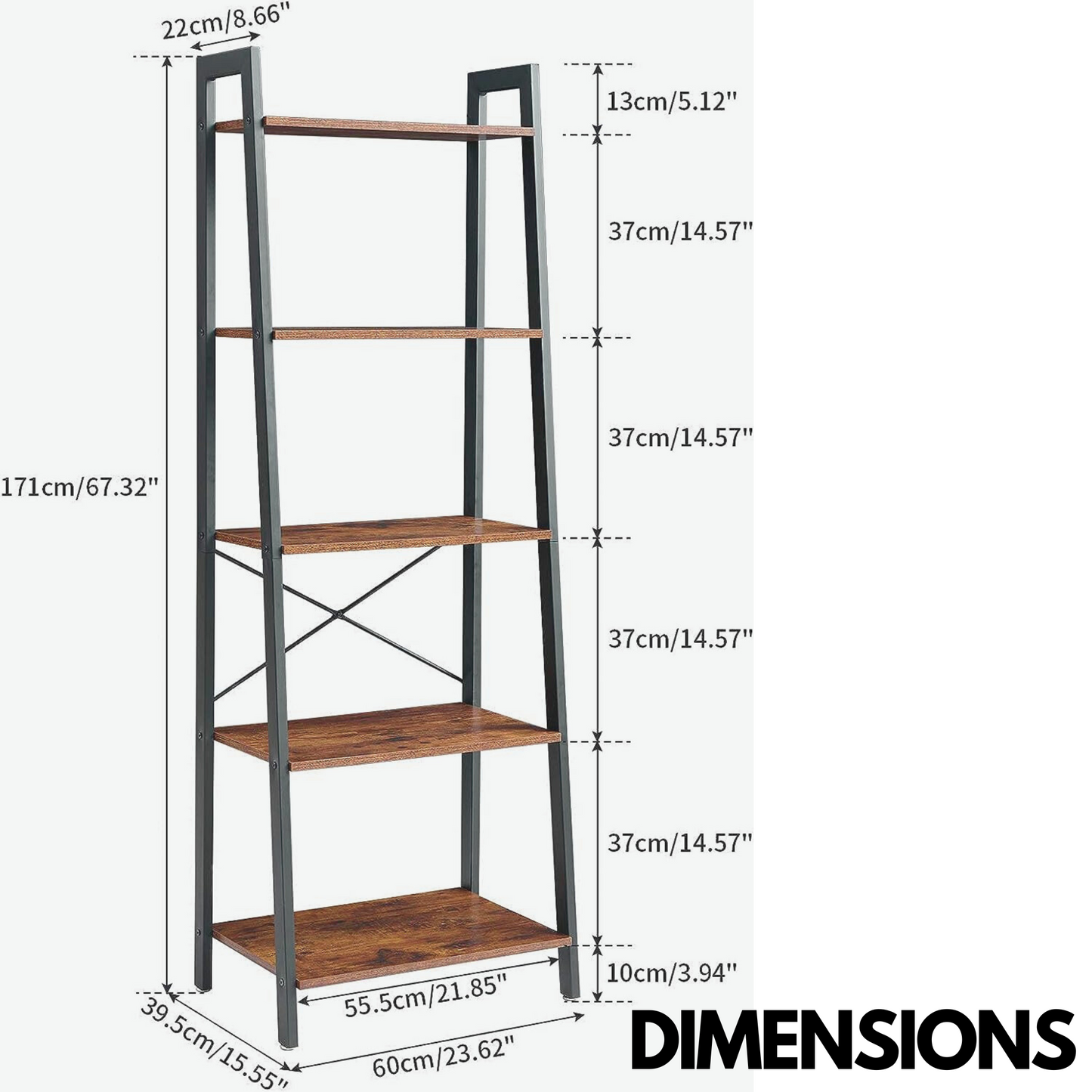 5 tier free standing ladder shelf for living room storage rustic brown