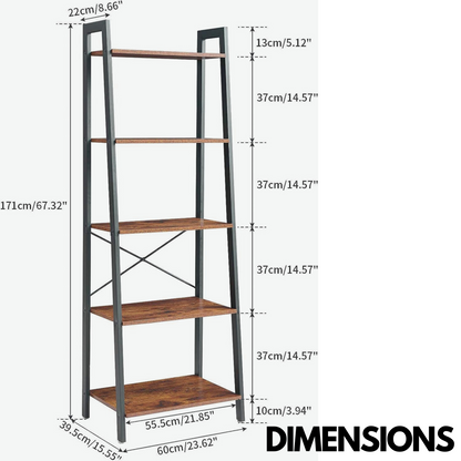 5 Tier Free Standing Ladder Shelf For Living Room Storage Rustic Brown