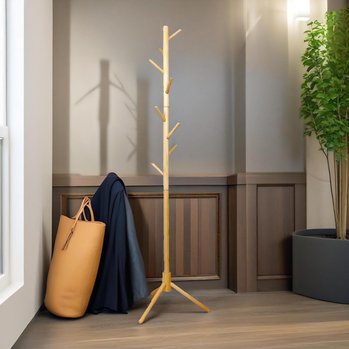 wooden adjustable coat stand with 8 hooks brown