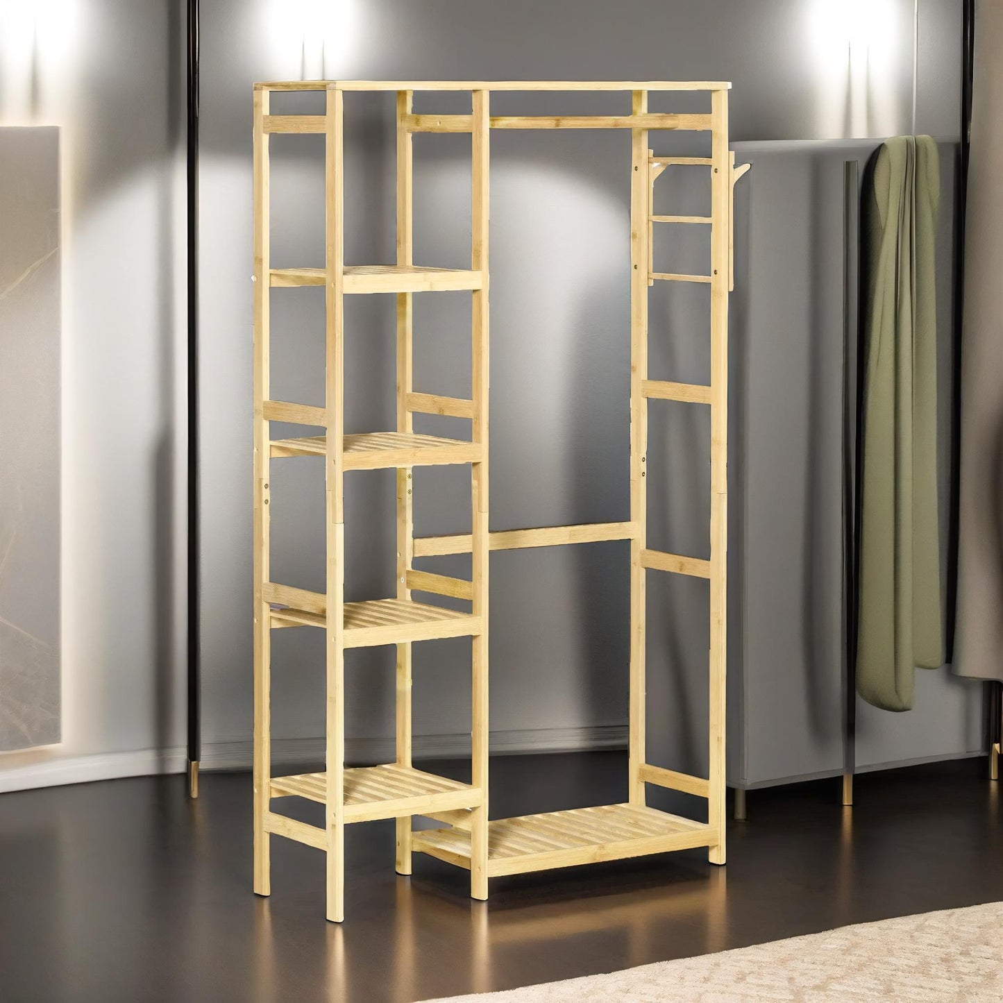 bamboo 155cm tall open wardrobe with shelves