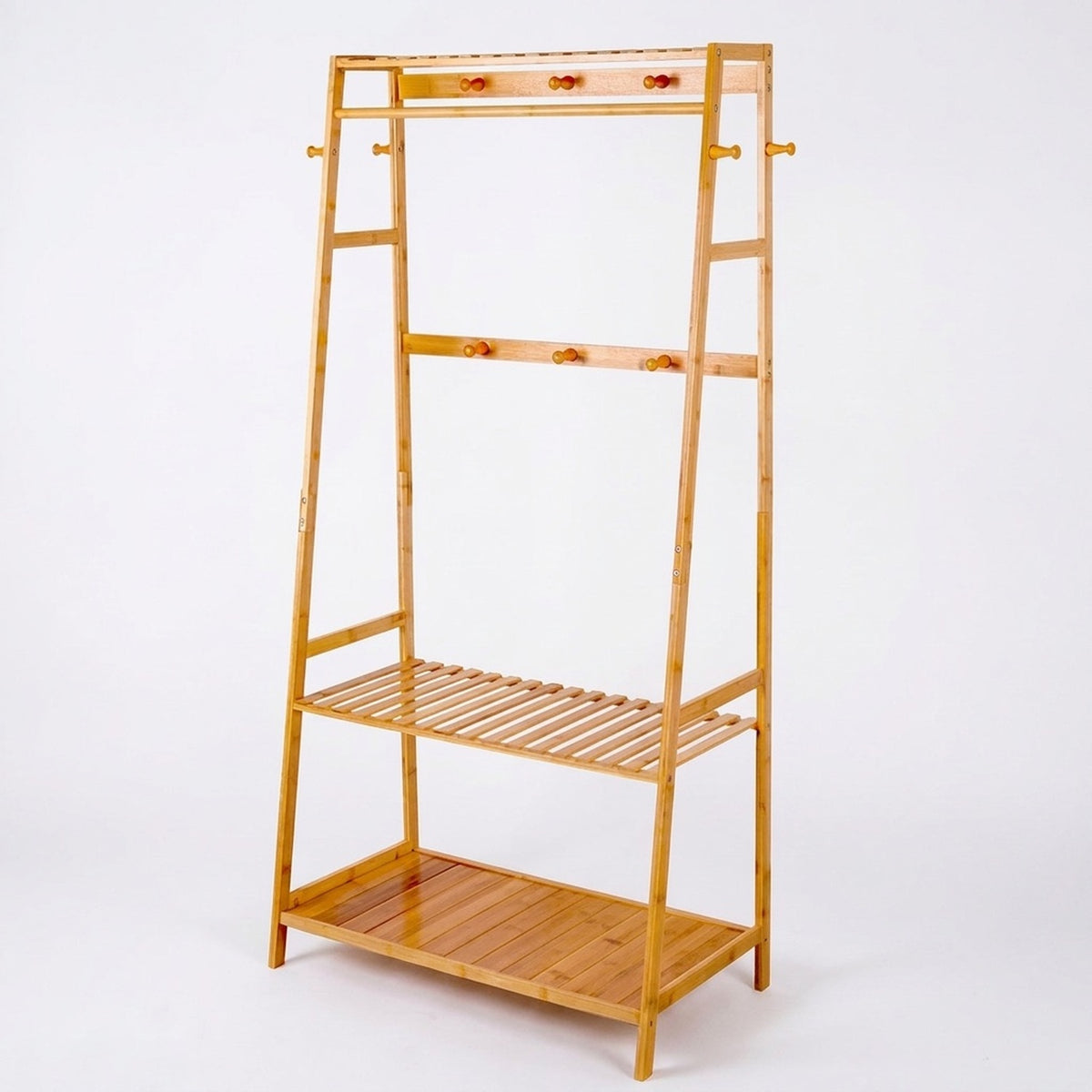 bamboo garment rail with double storage shelves