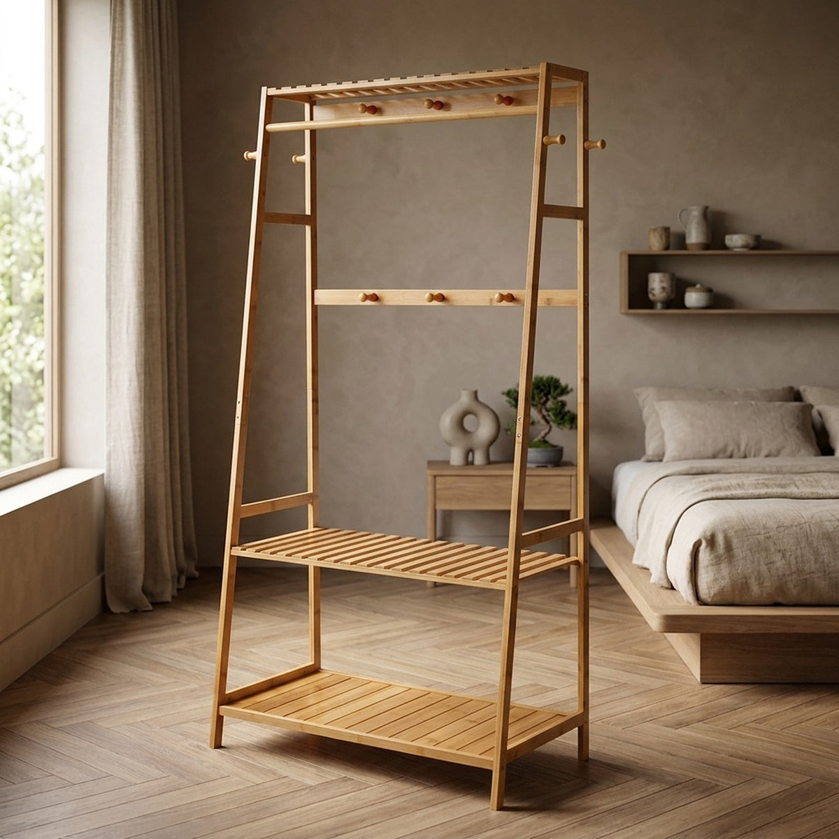 bamboo garment rail with double storage shelves