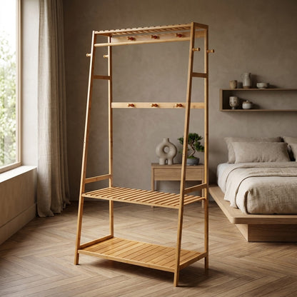 Bamboo Garment Rail with Double Storage Shelves