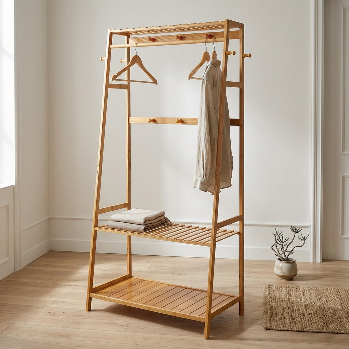 bamboo garment rail with double storage shelves