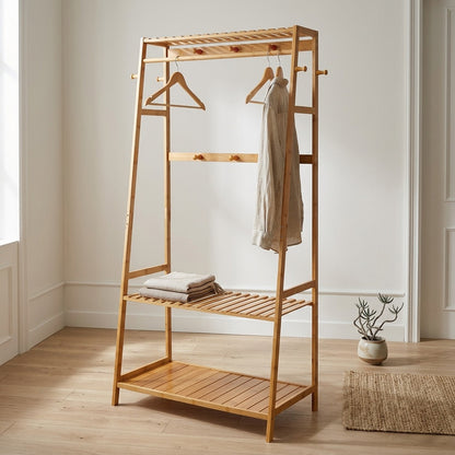 Bamboo Garment Rail with Double Storage Shelves