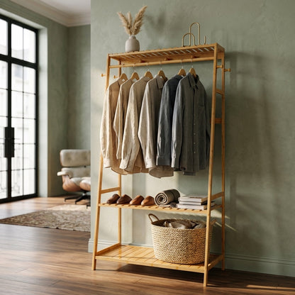 Bamboo Garment Rail with Double Storage Shelves