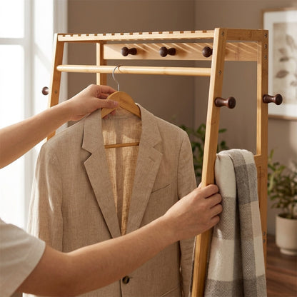 Bamboo Garment Rail with Double Storage Shelves