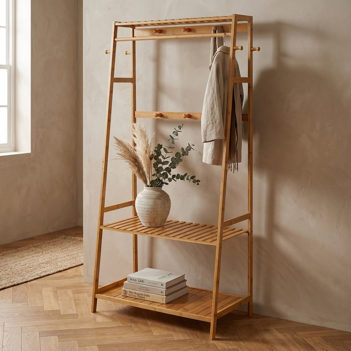 bamboo garment rail with double storage shelves