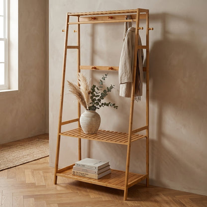Bamboo Garment Rail with Double Storage Shelves