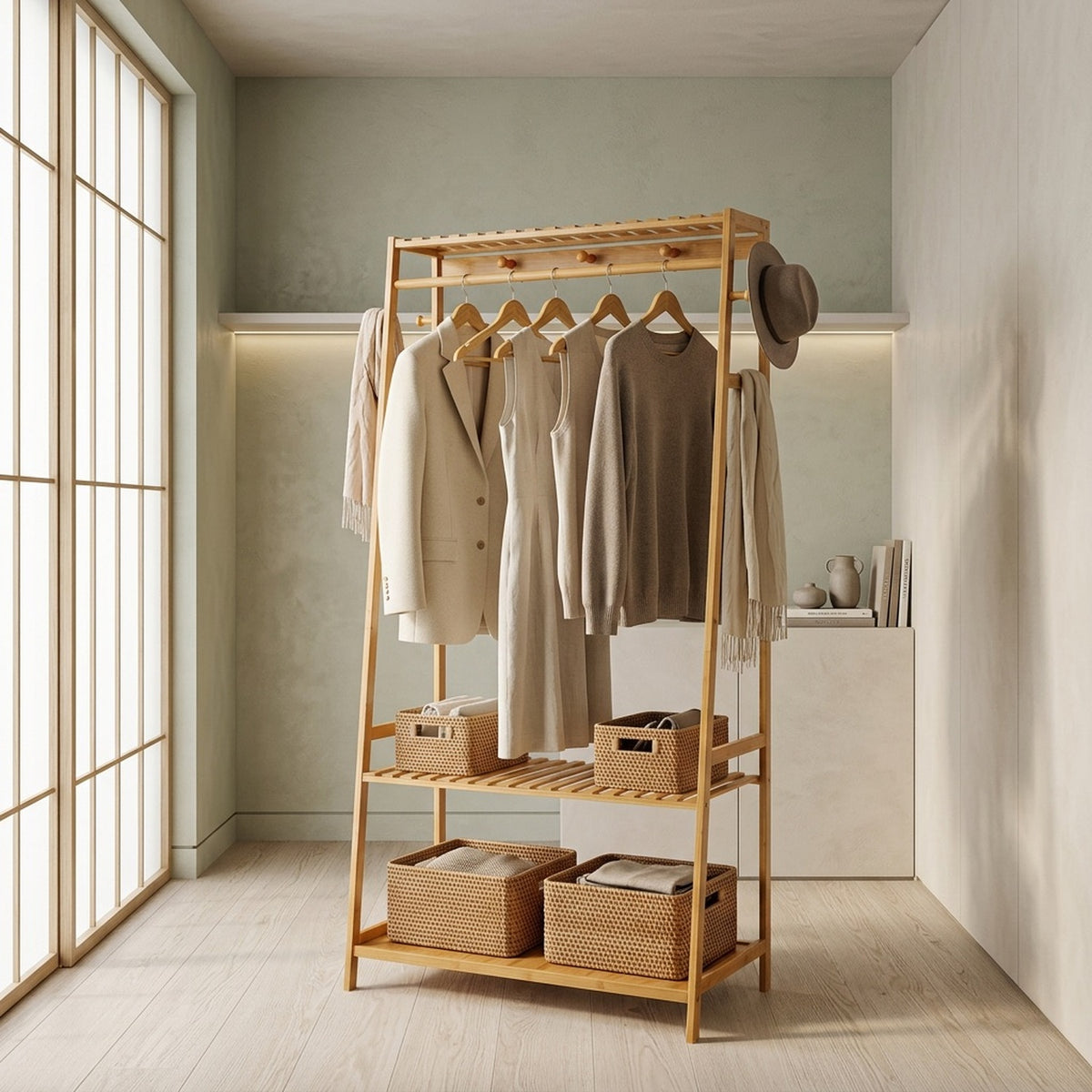bamboo garment rail with double storage shelves