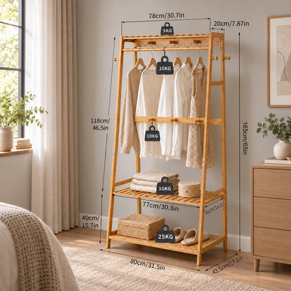 Bamboo Garment Rail with Double Storage Shelves