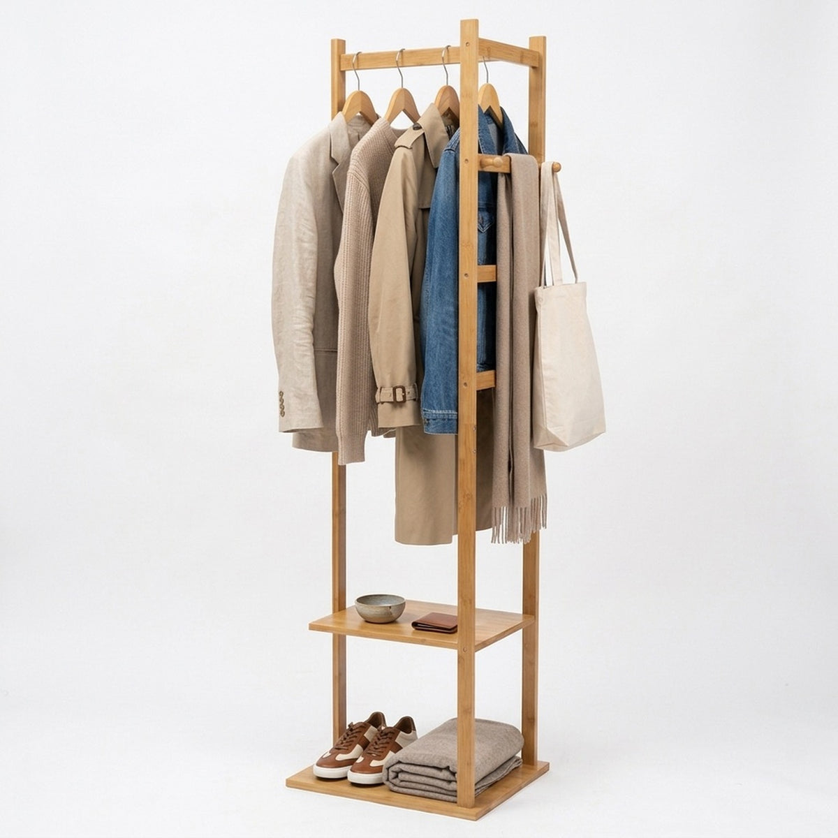 slim bamboo garment rack with two storage shelves