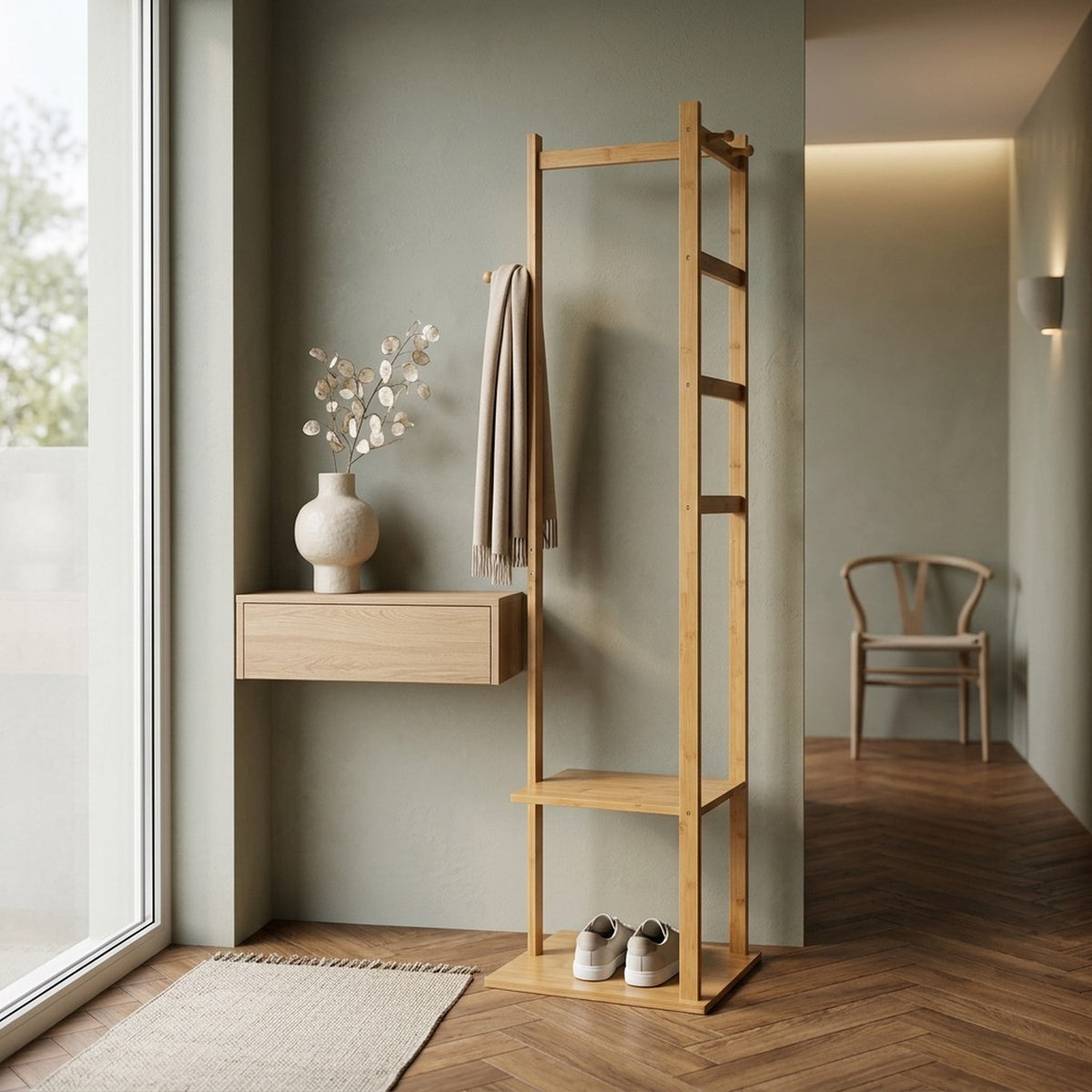 slim bamboo garment rack with two storage shelves