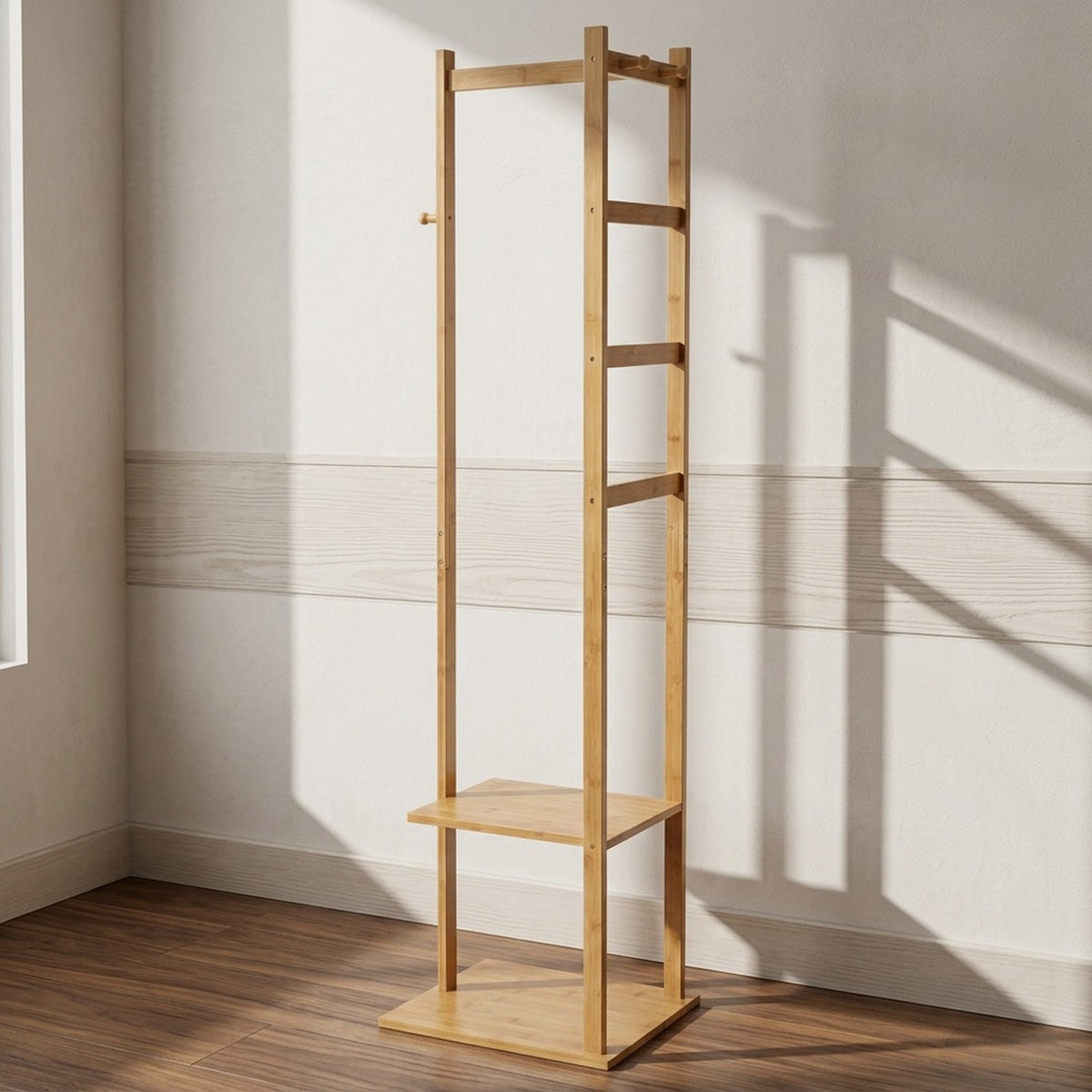 slim bamboo garment rack with two storage shelves