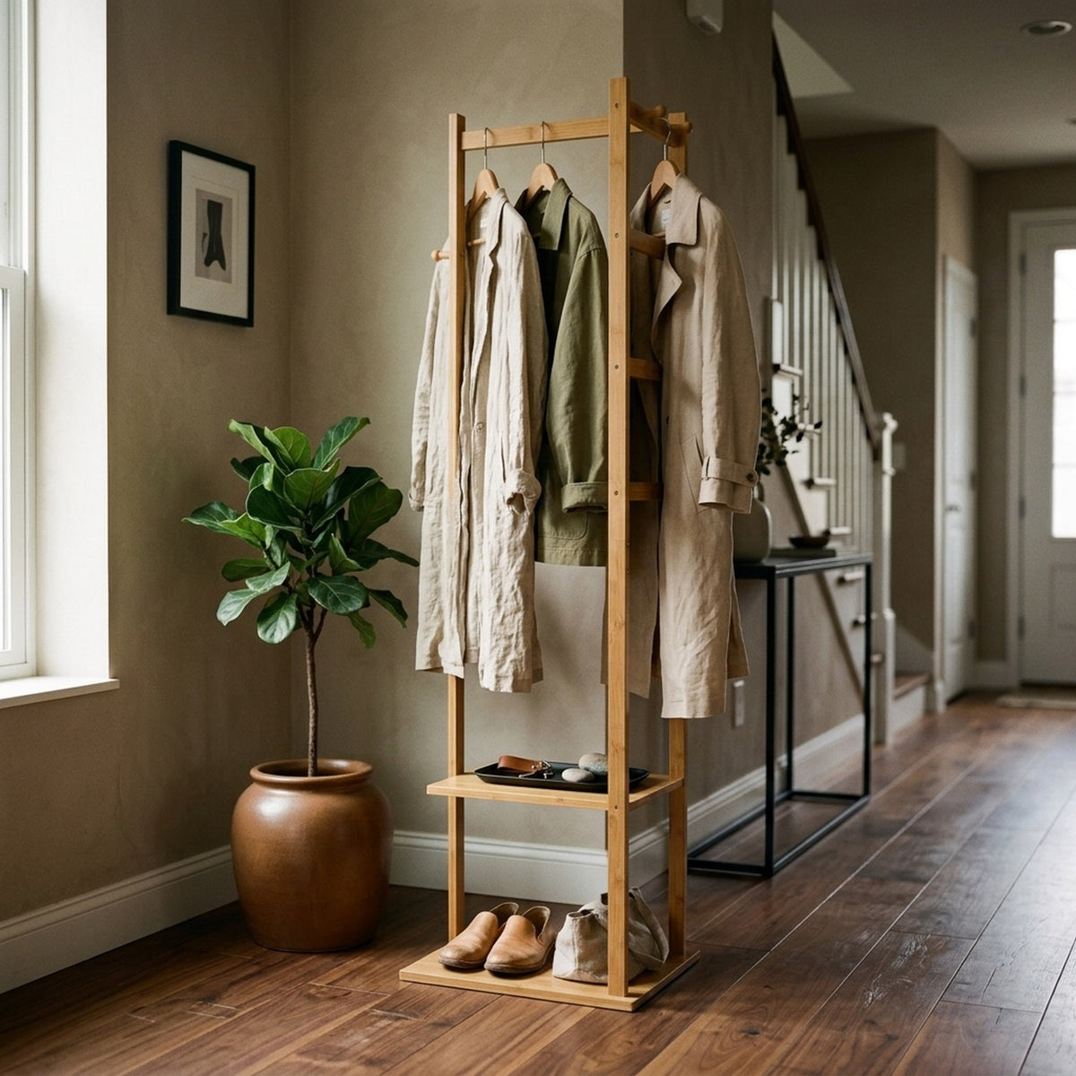 slim bamboo garment rack with two storage shelves