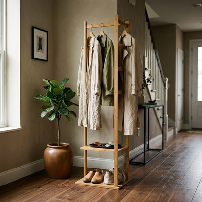 Slim Bamboo Garment Rack with Two Storage Shelves